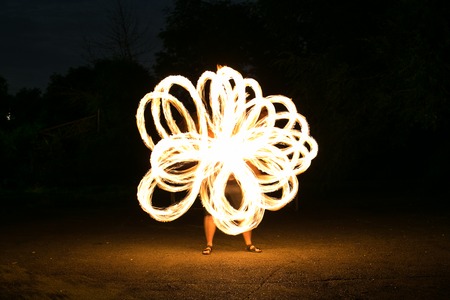 Fire-show man in action in night time.