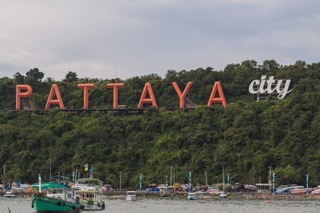 Pattaya, Chonburi, Thailand - November 17, 2012 :: Big red letters PATTAYA view from the sea. Thailandのeditorial素材