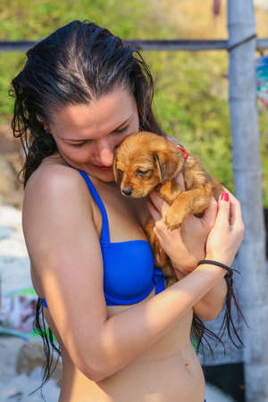 Chonburi, Thailand - February 01, 2015 :: Young woman hugging little brown dog on the beach.のeditorial素材