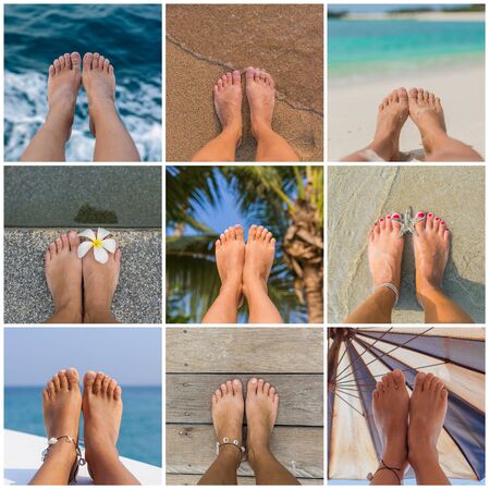 Collage of nine pictures of woman's bare feet on the beach.