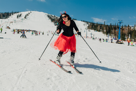 Sheregesh, Kemerovo region, Russia - April 22, 2017: Grelka Fest is a sports and entertainment activity for ski and snowboard riders in carnival costume. Young people in carnival costumes.のeditorial素材
