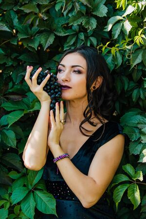 Portrait of young sexy brunette in black dress with black grapes. .の写真素材