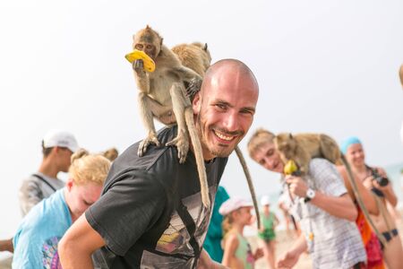 Tourists in Thailand with monkeys.のeditorial素材