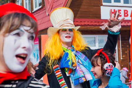 Sheregesh, Kemerovo region, Russia - April 7, 2018: Grelka Fest is a sports and entertainment activity for ski and snowboard riders in carnival costume. Young people in carnival costumes.のeditorial素材