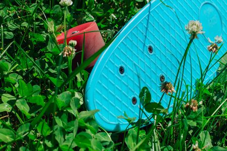 Blue penny board with pink wheels laying on clover field.の写真素材