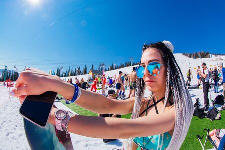 Sheregesh, Kemerovo region, Russia - April 13, 2019: Grelka Fest is a sports and entertainment...