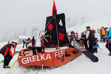 Sheregesh, Kemerovo region, Russia - April 06, 2019: Grelka Fest is a sports and entertainment...