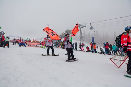 Sheregesh, Kemerovo region, Russia - April 06, 2019: Grelka Fest is a sports and entertainment...
