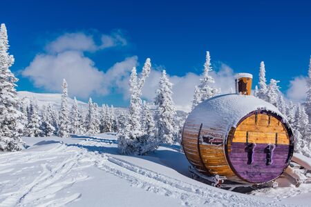 Big wooden barrel in a winter forest. Beautiful winter landscape with fur trees coveres with white...