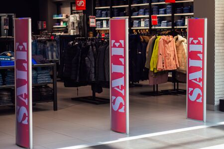 Entrance in shop with a sale sign. Sale in a shopping mallの写真素材