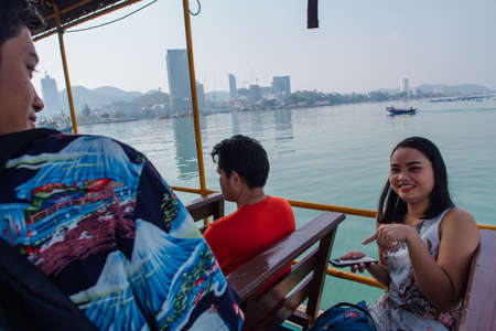 Sriracha, Chonburi, Thailand - February 15, 2018: Tourists traveling on a ferry to the Koh Sichang island.のeditorial素材