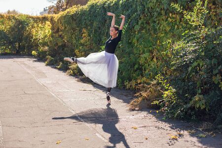 Woman ballerina in a white ballet skirt dancing in pointe shoes in a golden autumn park. Ballerina standing in beautiful ballet poseの写真素材