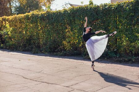 Woman ballerina in a white ballet skirt dancing in pointe shoes in a golden autumn park. Ballerina standing in beautiful ballet poseの写真素材