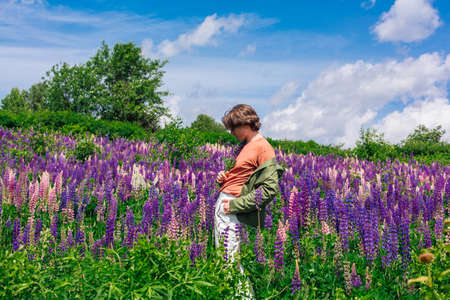 Tall handsome man in a green jacket standing on lupine flowers field holding lupine flowers in hand, enjoing the beauty of nature. Man surrounded by purple and pink lupines.の写真素材