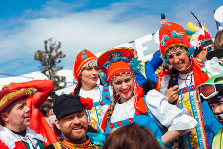 Sheregesh, Kemerovo region, Russia - April 03, 2021: Grelka Fest is a sports and entertainment activity for ski and snowboard riders in carnival costume. Young people in carnival costumes.のeditorial素材