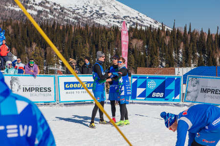 Sheregesh, Russian Federation - April 02, 2021: Final tournament of the Russian snow volleyball championship. Teams compete in 3x3 format with one allowed substituteのeditorial素材