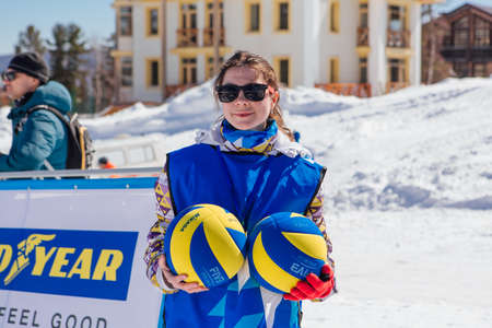 Sheregesh, Russian Federation - April 02, 2021: Final tournament of the Russian snow volleyball championship. Teams compete in 3x3 format with one allowed substituteのeditorial素材