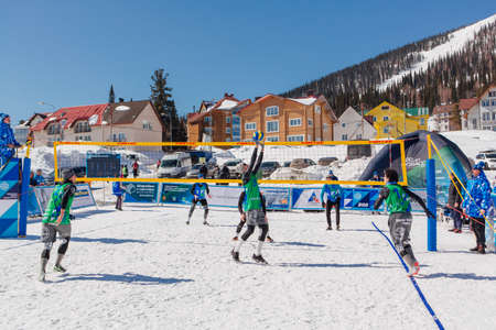 Sheregesh, Russian Federation - April 02, 2021: Final tournament of the Russian snow volleyball championship. Teams compete in 3x3 format with one allowed substituteのeditorial素材