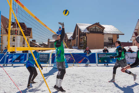Sheregesh, Russian Federation - April 02, 2021: Final tournament of the Russian snow volleyball championship. Teams compete in 3x3 format with one allowed substituteのeditorial素材