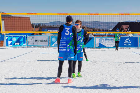 Sheregesh, Russian Federation - April 02, 2021: Final tournament of the Russian snow volleyball championship. Teams compete in 3x3 format with one allowed substituteのeditorial素材