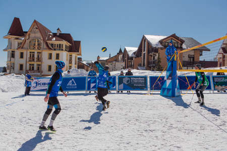 Sheregesh, Russian Federation - April 02, 2021: Final tournament of the Russian snow volleyball championship. Teams compete in 3x3 format with one allowed substituteのeditorial素材