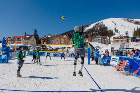 Sheregesh, Russian Federation - April 02, 2021: Final tournament of the Russian snow volleyball championship. Teams compete in 3x3 format with one allowed substituteのeditorial素材