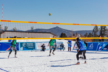 Sheregesh, Russian Federation - April 02, 2021: Final tournament of the Russian snow volleyball championship. Teams compete in 3x3 format with one allowed substituteのeditorial素材