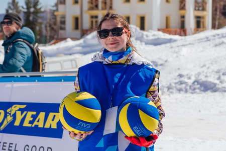 Sheregesh, Russian Federation - April 02, 2021: Final tournament of the Russian snow volleyball championship. Teams compete in 3x3 format with one allowed substituteのeditorial素材