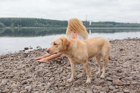 Young beautiful woman with blond curly hair sitting with her labrador retriever dog on the river shoreの写真素材
