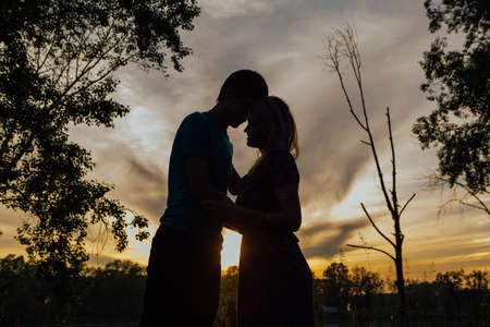 The silhouette of a young couple loving each other standing on the background of the sunset.の写真素材