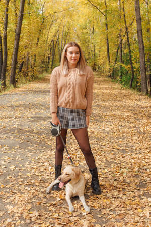 Young beautigul caucasian woman walking with her beloved labrador dog in autumn park with fallen golden leaves on the ground.の写真素材