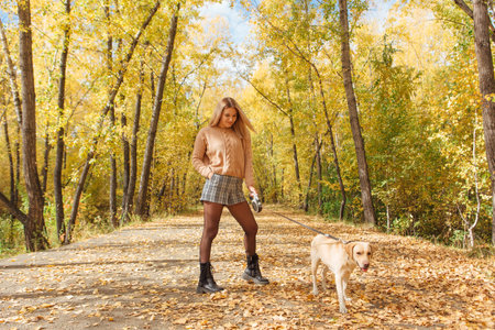 Young beautigul caucasian woman walking with her beloved labrador dog in autumn park with fallen golden leaves on the ground.の写真素材