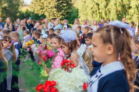 NOVOKUZNETSK, KEMEROVO REGION, RUSSIA - SEP, 1, 2021: Meeting with the first-grade pupils and...