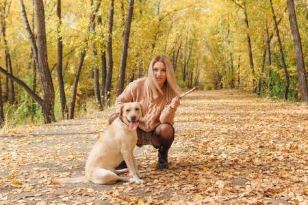 A young woman walking with her beloved labrador dog in autumn park.の写真素材