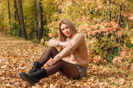 A beautiful young woman sitting in a forest on a dry autumn leaves.の写真素材