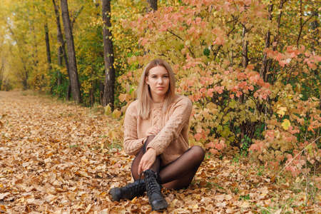 Portrait of a beautiful young woman sitting in a forest on a dry autumn leaves.の写真素材