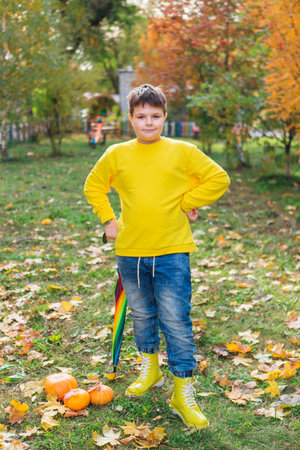 Cute boy dressed in yellow long sleeve standing with a colorful umbrella. A child in the autumn park posing with a rainbow umbrella.の写真素材