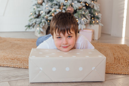 Portrait of a smiling boy laying under the Christmas tree with a gift box in a room with day light.の写真素材