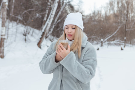 A beautiful young girl smiling and enjoying drinking coffee in a snowy winter forestの写真素材