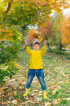 The child throws up yellow maple leaves. A happy child, a little boy playing in a beautiful autumn park on a warm autumn day.の写真素材