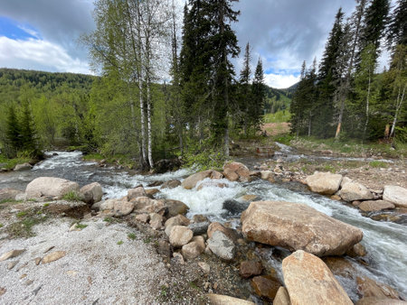 Fast mountain river running among large stonesの写真素材