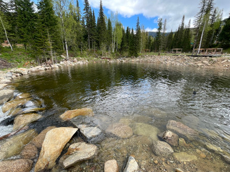 Mountain landscape, picturesque mountain lake in the summer morningの写真素材
