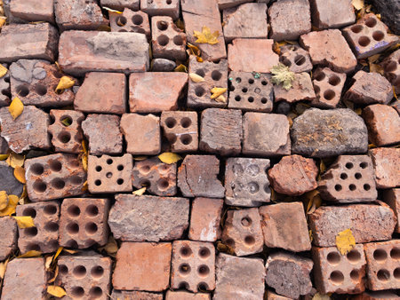 Red old broken bricks texture backgroundの写真素材
