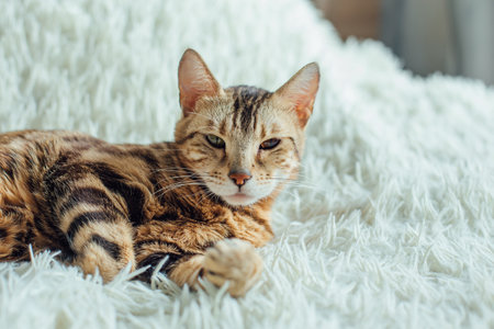 Bengal kitty cat laying on the white fury blanketの写真素材