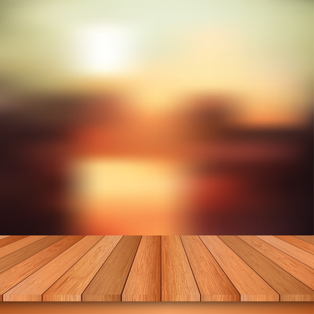 Wooden table and abstract blurred backgroundのイラスト素材