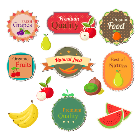 Collection of fresh fruit , labels , badges and icons on white backgroundのイラスト素材