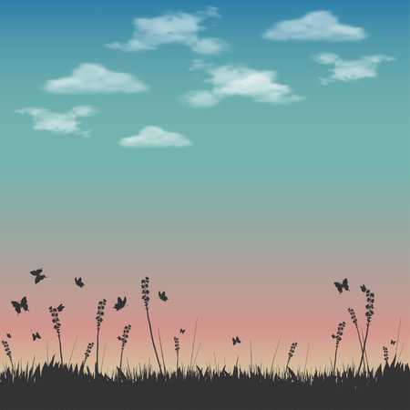 Silhouettes of butterflies and plants. Raster versionのイラスト素材