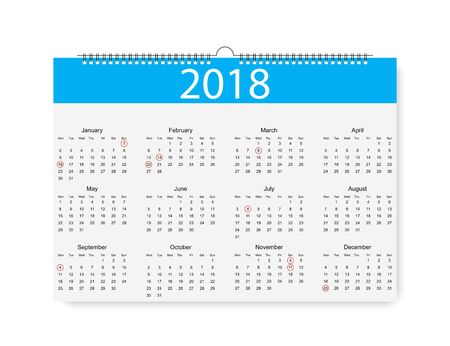 2018 New Year Calendar. Holiday event planner,Week Starts Sundayのイラスト素材