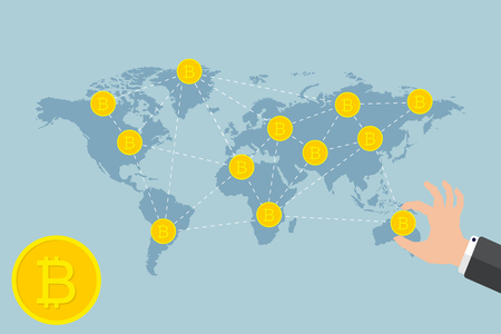 Bitcoin business concept Businessman hand holding Bitcoin marketing systemのイラスト素材