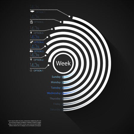 Infographics days of week. Marketing icons with 7 optionsのイラスト素材